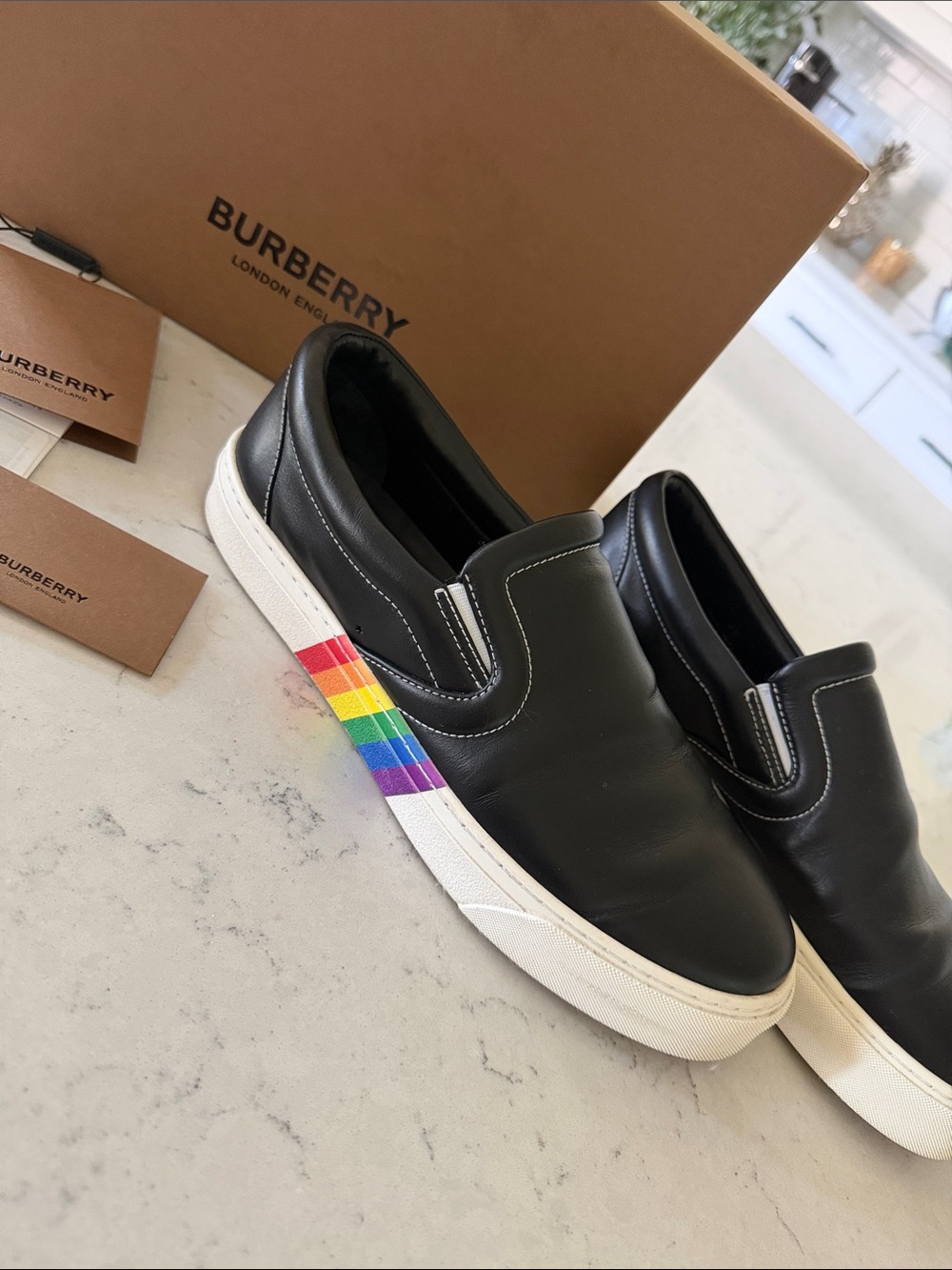 Burberry Black Leather Slip-On Sneakers with Rainbow Stripe
